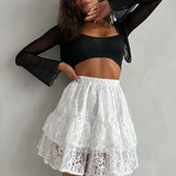 Sheer Lace Jacquard Tiered Mini Skirt