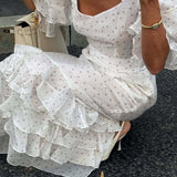 White Puff Sleeve Ruffled Bodycon Maxi Dress