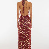 Polka Dot Print Halter Waist Tie Maxi Dress