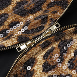 Leopard Sequin Sheer Cape Spaghetti Strap Backless Prom Dress