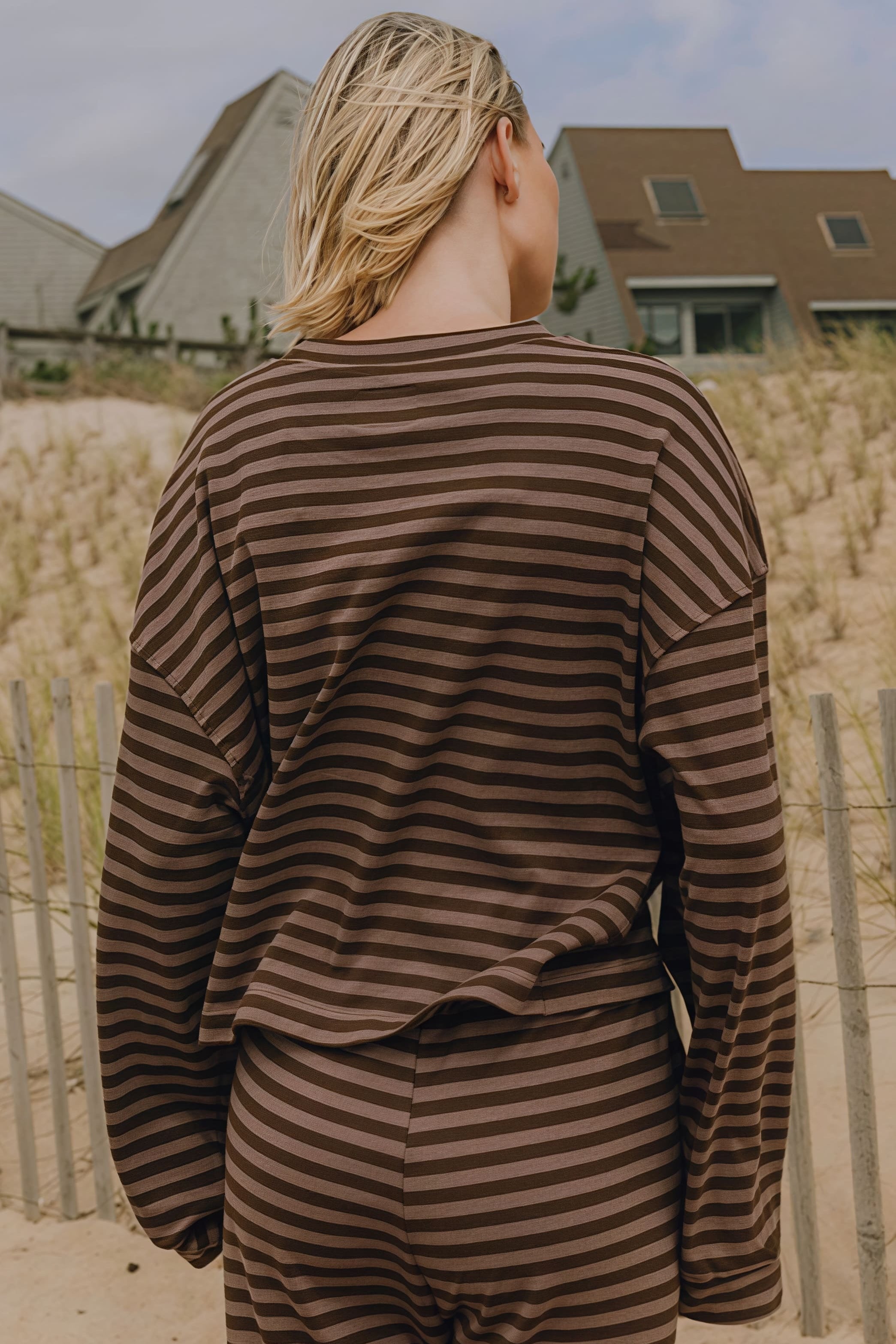Stripe Crewneck Drawstring Two Piece Set