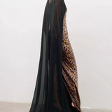 Leopard Sequin Sheer Cape Spaghetti Strap Backless Prom Dress