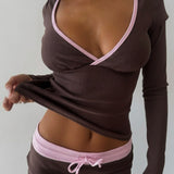 Cross V Neck Contrast Slim Long Sleeve Two Piece Set