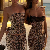 Leopard Print Lace Up Corset Sequin Midi Skirt Set