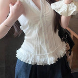 White Lace Trim V Neck Halter Waist Tie Tank Top