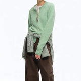 Green Wool Blend Crew Neck Knit Cardigan