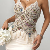 Lace Trim Patchwork Boned Corset Tank Top