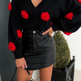 3D Floral V Neck Knit Sweater