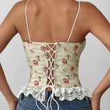 Lace Trim Patchwork Boned Corset Tank Top