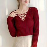 Slim Fit Lace Up V Neck Sweater