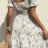 Lace-Up V-Neck Backless Floral Dress