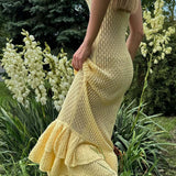 Boho Ruffle Knit Sexy Cutout Sheer Cami Maxi Dress