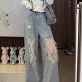 Lace Panel High Waist Wide Leg Jeans
