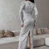 Polka Dot Floral V-Neck Puff Sleeve Maxi Dress