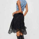 Asymmetrical Hem Lace Detail Midi Skirt