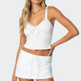 Faux Two Piece Bow Lace Sweet Crop Top