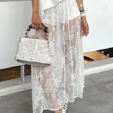 Sexy Sheer Brocade Lace White Jacquard Maxi Skirt