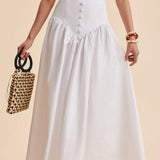 Stylish High Waist Button Patchwork White Maxi Skirt