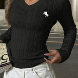 Embroidered Cable Knit V Neck Sweater