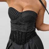 Stripe Lace Trim Backless Corset Crop Top