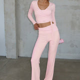 Stylish Solid Tie High-rise Flared Two Piece Set