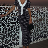 Polka Dot V-Neck Puff Sleeve Bodycon Maxi Dress