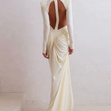 Long-Sleeve Ruched Color-Block Cutout Waist Slim Party Dress