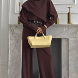 Vintage Chic Lapel Scarf Top & Wide Leg Pants Two Piece Set