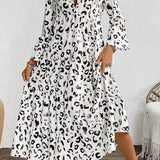 White Leopard Print Notch V Neck Loose Fit Maxi Dress