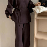 Loose Belted Knit Cardigan Wide-Leg Pants Two Piece Set