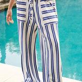 Beach Style Striped Drawstring Wide Leg Pants