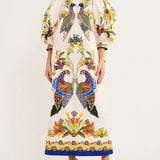 Exquisite And Fun Printed Puff Sleeves Loose Casual Midi Dress