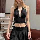 Solid Lace Deep V Slim Halter Skirt Set
