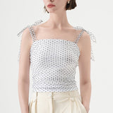 Polka Dot Halter Cropped Ruched Tie Front Tank Top