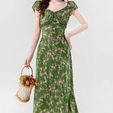 Retro Slim Green V-Neck Floral Dress