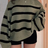 Striped Cutout Shoulder Knit Sweater