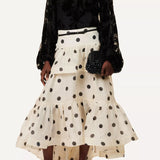 Tiered Ruffle Polka Dot Midi Skirt