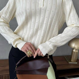 Jacquard Polo Collar Long Sleeve Loose Blouse