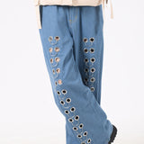 Metal Hole Hollow Out Straight Jeans