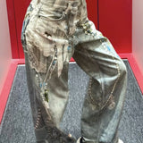Lace Pearl Chain Printed Vintage Washed Casual Jeans