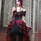 Japanese Gothic Style Red Black Halloween Off-Shoulder Court Wave Autumn Dark High-Waist Lolita Party Dress