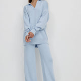 Polo Collar Knit Pullover Wide-Leg Pants Two Piece Set