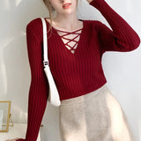 Slim Fit Lace Up V Neck Sweater