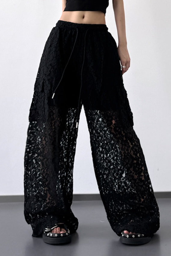 White Lace Cutout Casual Wide Leg Pants