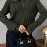 Jacquard Polo Collar Long Sleeve Loose Blouse