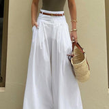 Solid Ruched High-Waisted Wide-Leg Pants