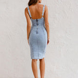 This Seasons Staple Denim Adjustable Straps Zip-up Firm Stretch Midi Dress