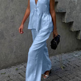 Romantic Cotton V Neck Sleeveless Vest Pants Two Piece Set