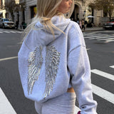 Solid Sequin Wing Graphic Relaxed Hoodie