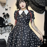 Gothic Turn Down Collar A-Line Punk Print Short Sleeve Swing Cloak Bodycon Dress